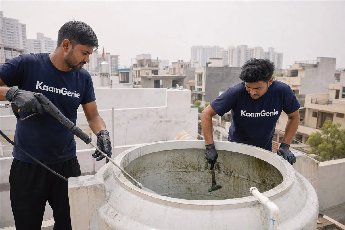 KaamGenie crew cleaning a water tank in Chhalera, Noida