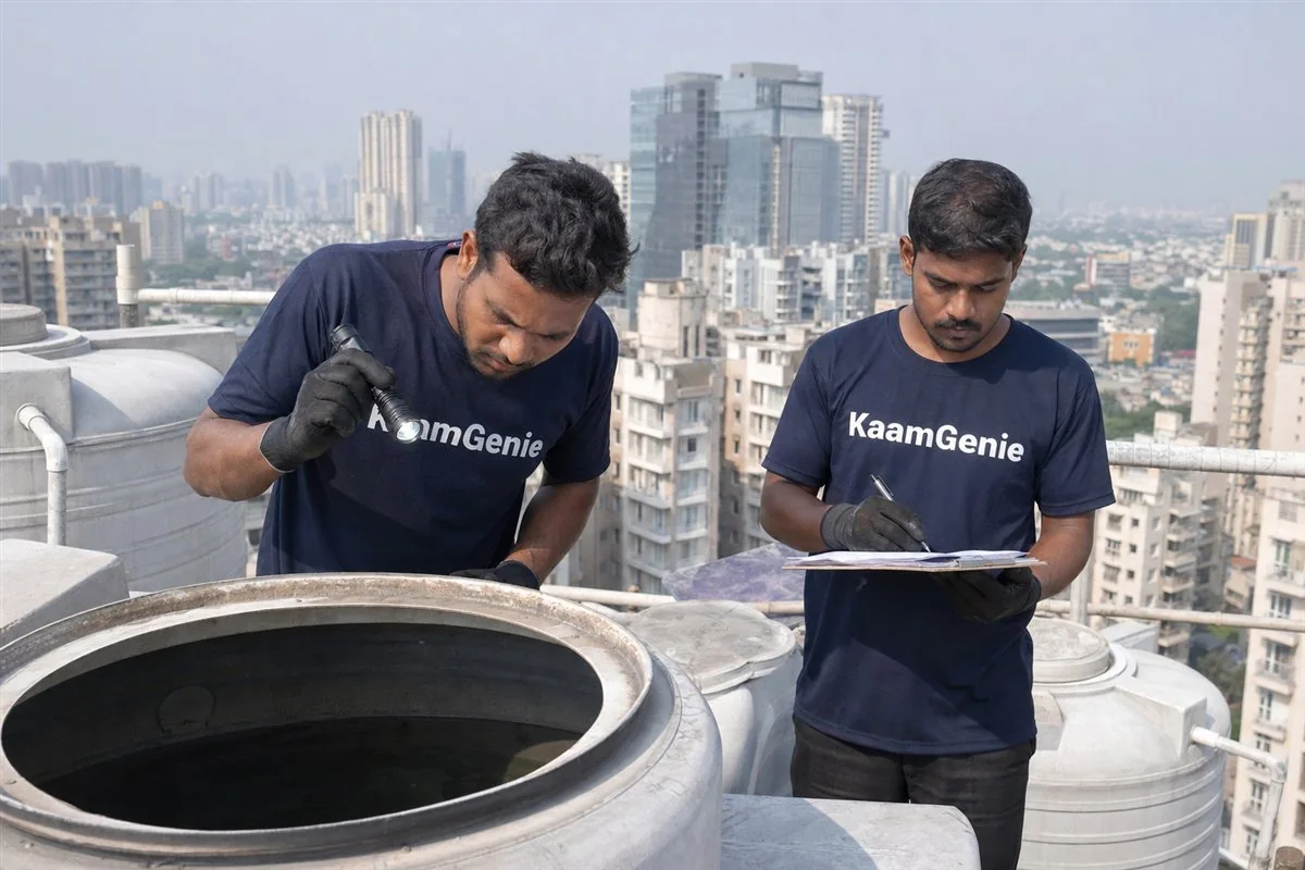 KaamGenie crew cleaning a water tank in Ek Murti, Noida