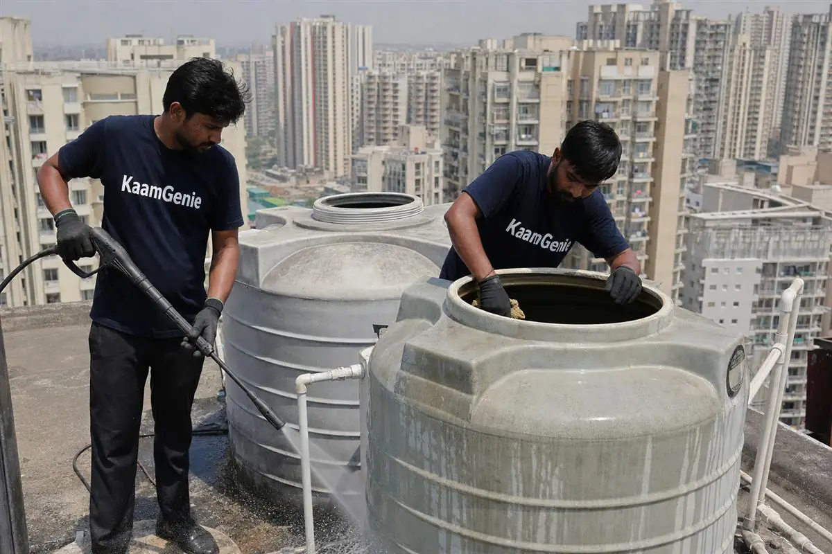 KaamGenie crew cleaning a water tank in Noida Extension, Noida