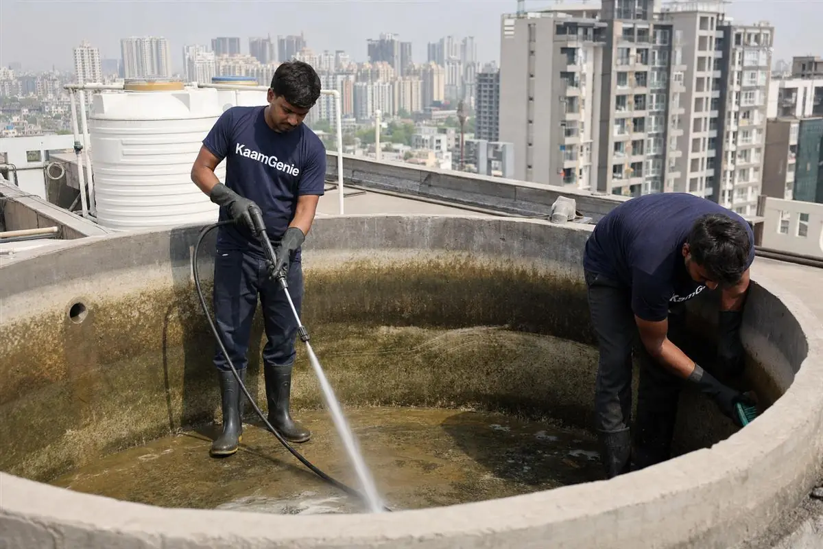 KaamGenie crew cleaning a water tank in Gaur City 1, Noida