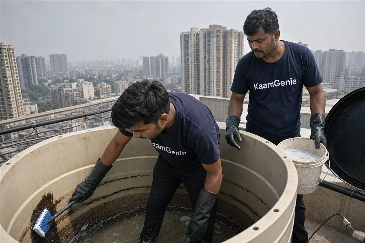 KaamGenie crew cleaning a water tank in Gaur City 2, Noida