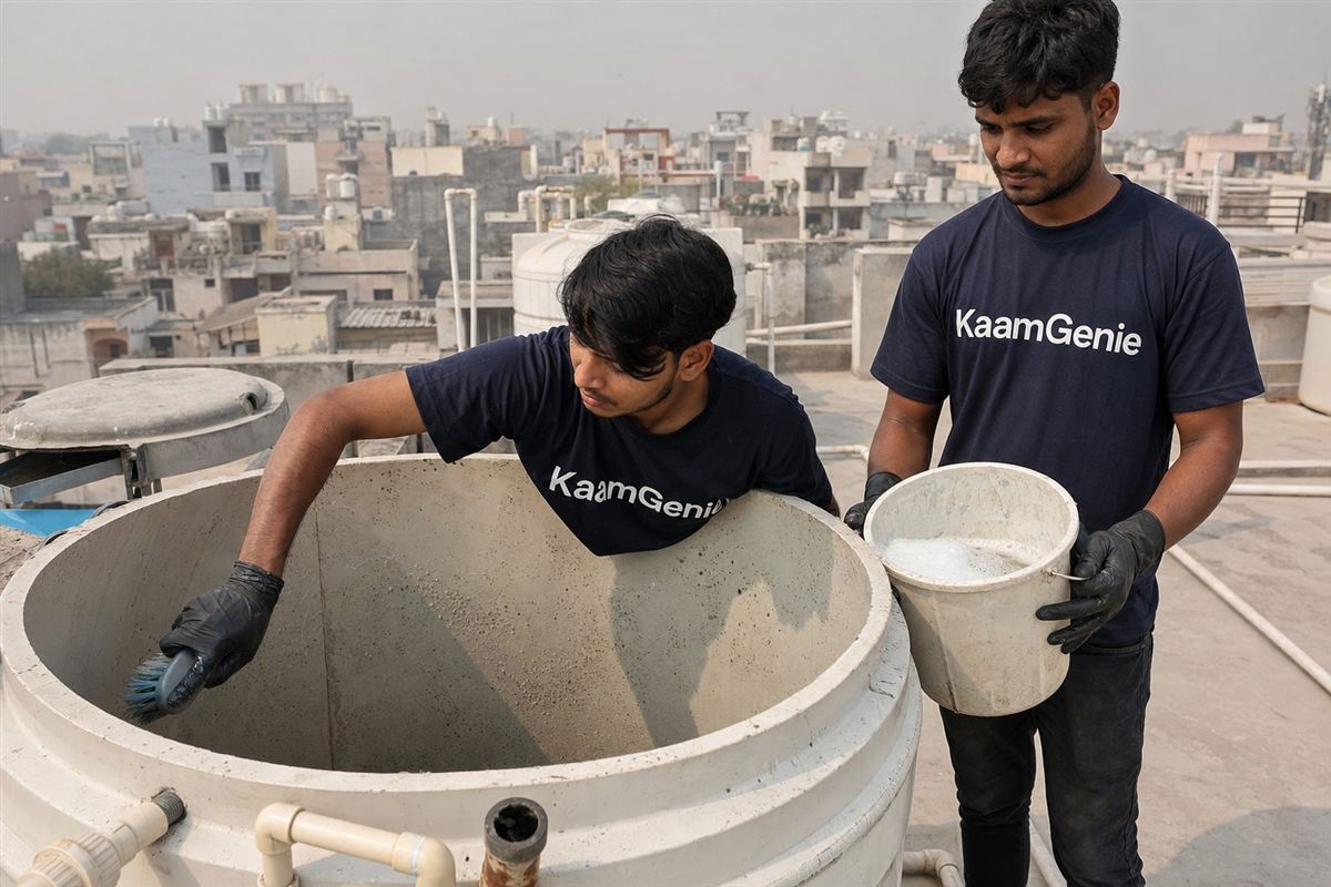 KaamGenie crew cleaning a water tank in Gejha, Noida