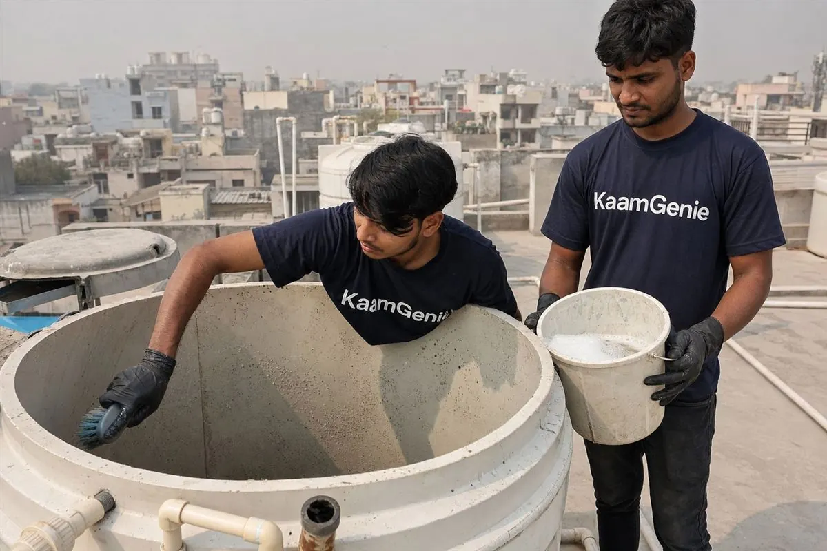 KaamGenie crew cleaning a water tank in Gejha, Noida