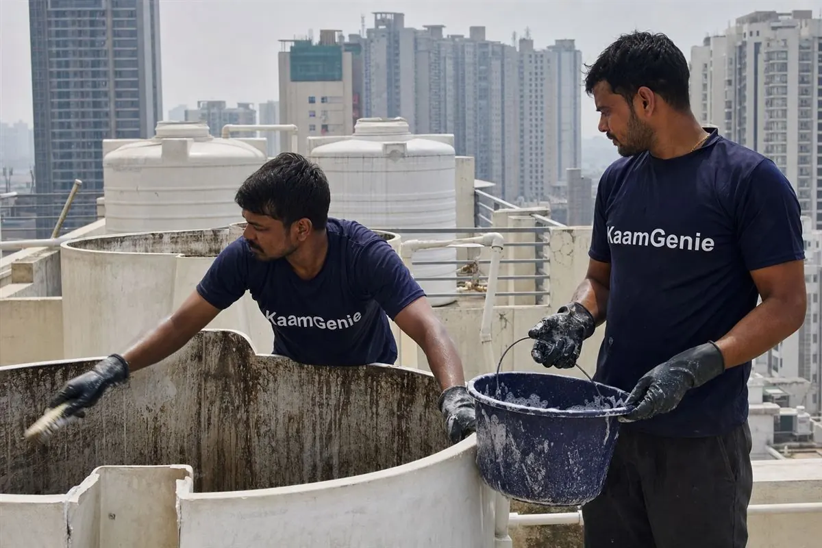KaamGenie crew cleaning a water tank in Greater Noida West Sector 1, Noida