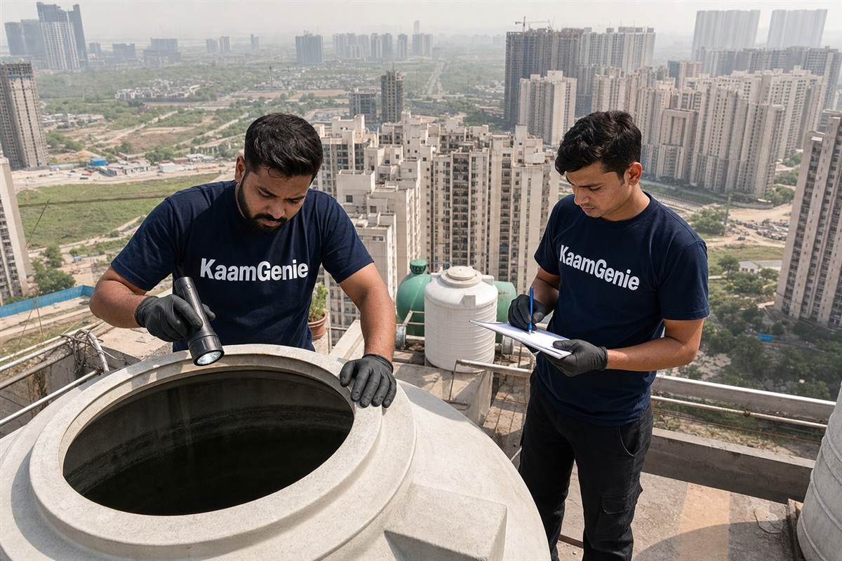 KaamGenie crew cleaning a water tank in Greater Noida West Sector 10, Noida