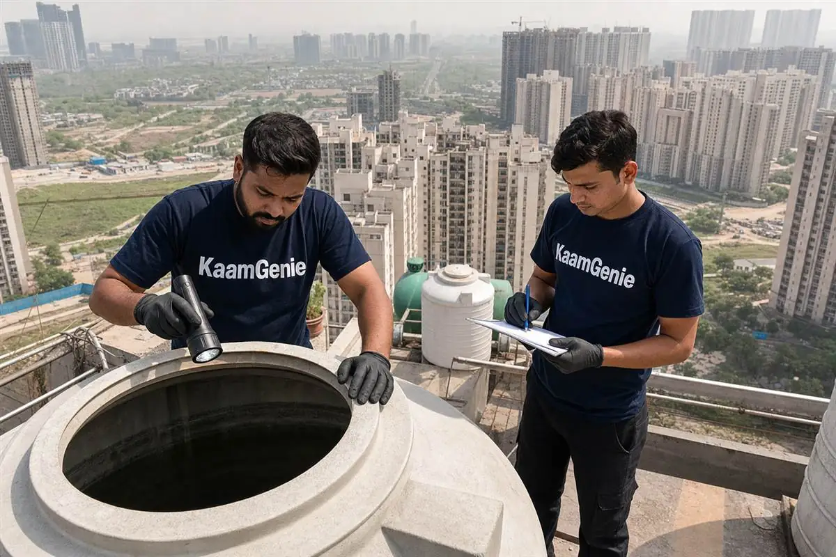 KaamGenie crew cleaning a water tank in Greater Noida West Sector 10, Noida