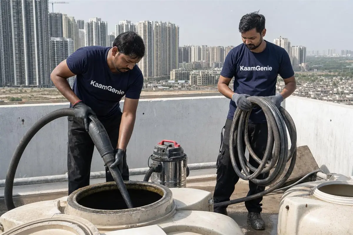 KaamGenie crew cleaning a water tank in Greater Noida West Sector 16B, Noida