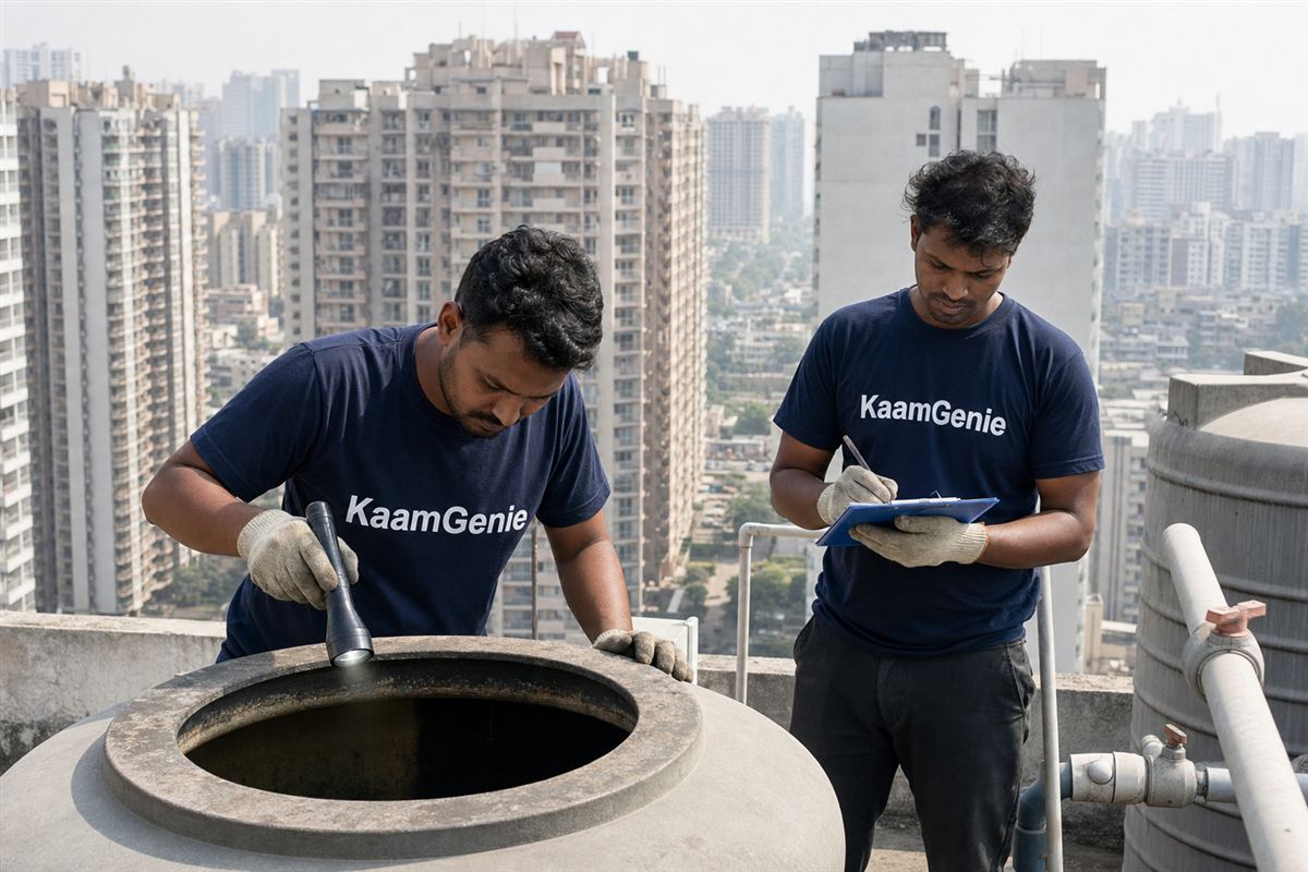 KaamGenie crew cleaning a water tank in Greater Noida West Sector 16C, Noida