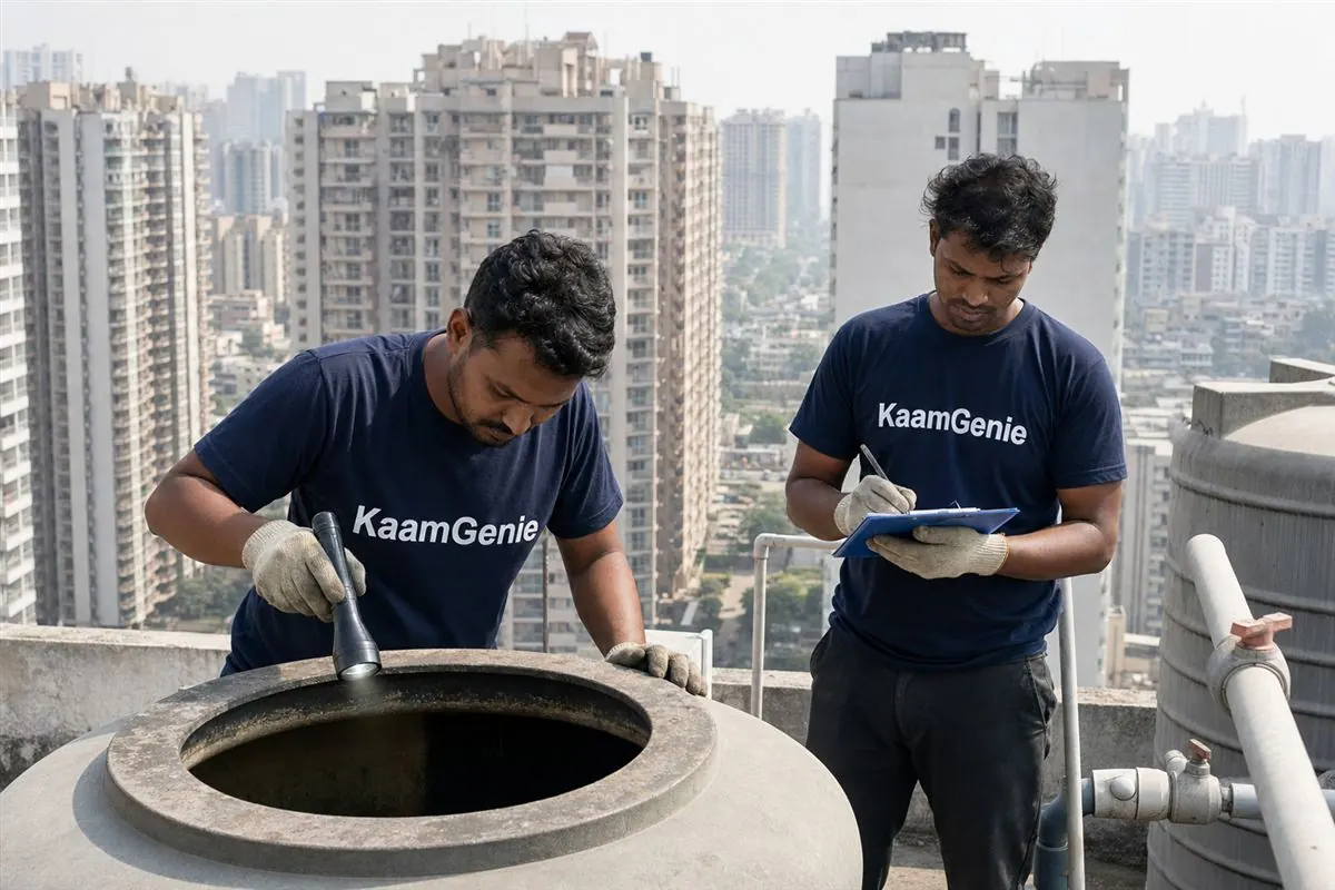 KaamGenie crew cleaning a water tank in Greater Noida West Sector 16C, Noida