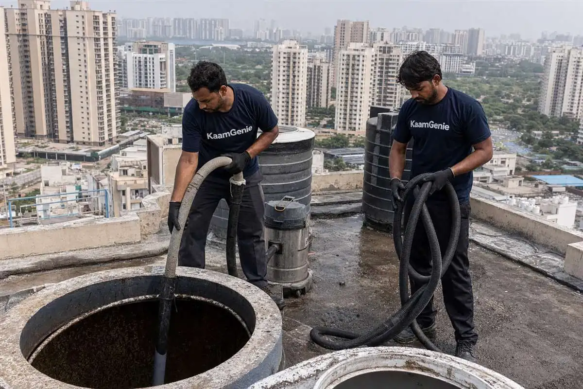 KaamGenie crew cleaning a water tank in Greater Noida West Sector 4, Noida