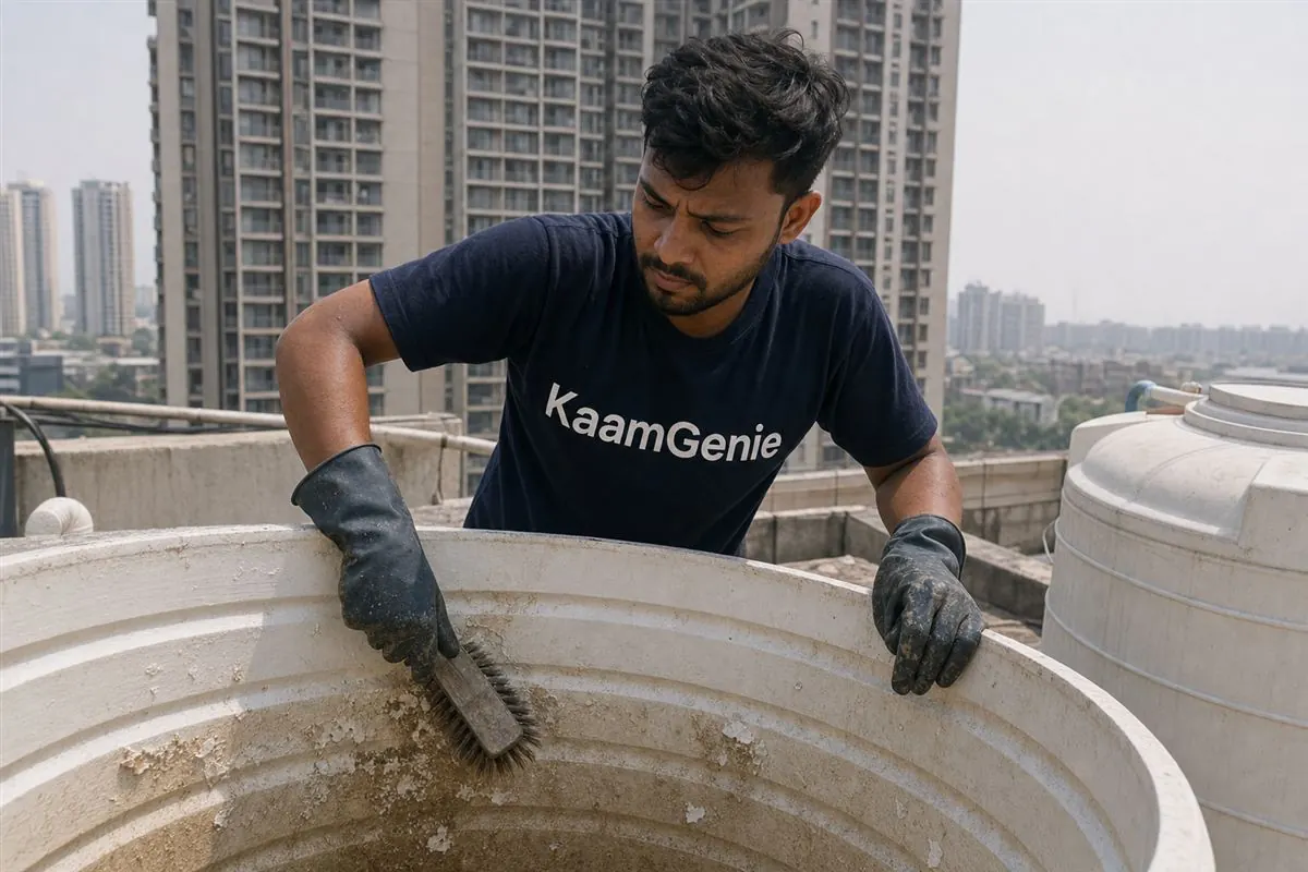 Close-up of thick white calcium scale crusted on the inside wall, inlet pipe and float valve of a high-rise water tank in Noida