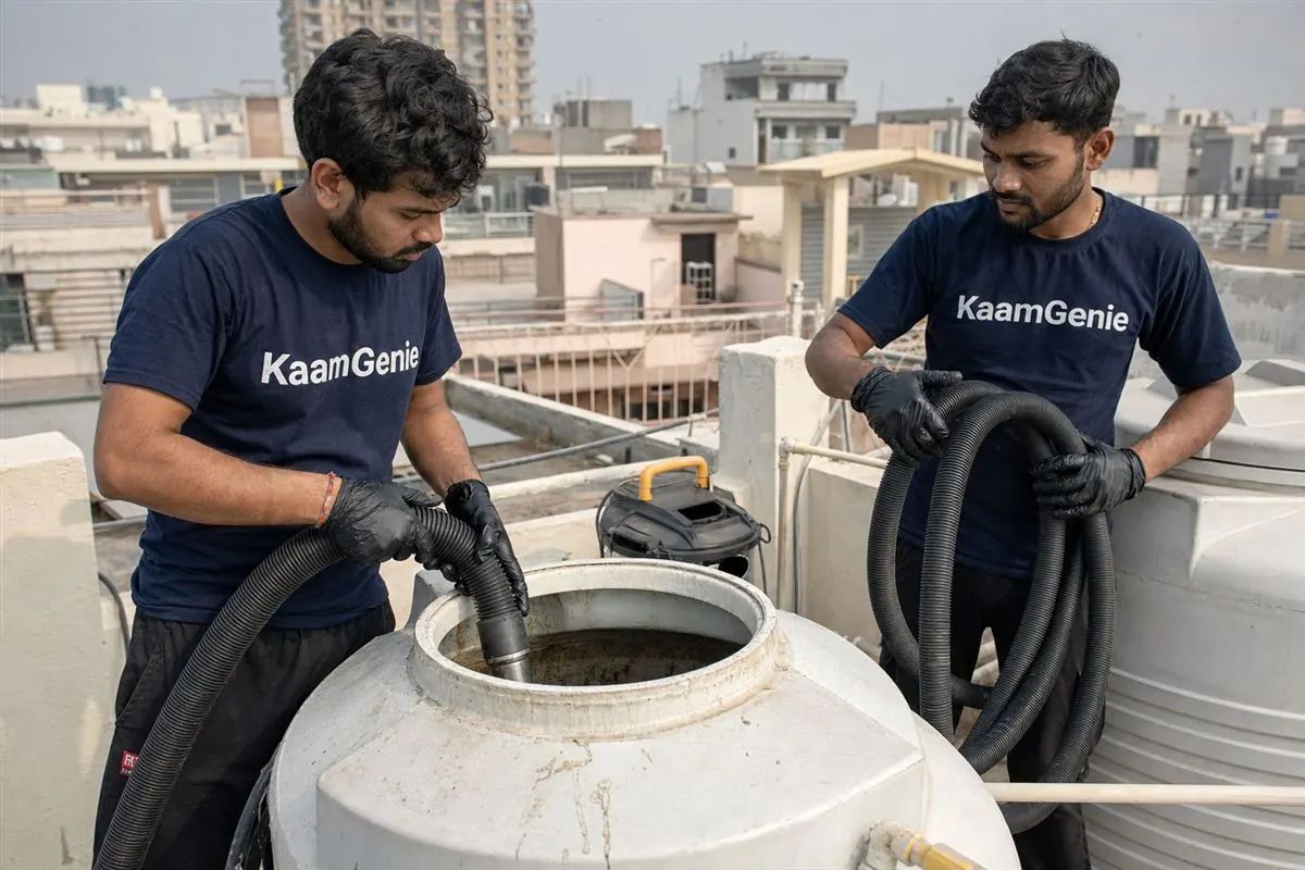 KaamGenie crew cleaning a water tank in Harola, Noida