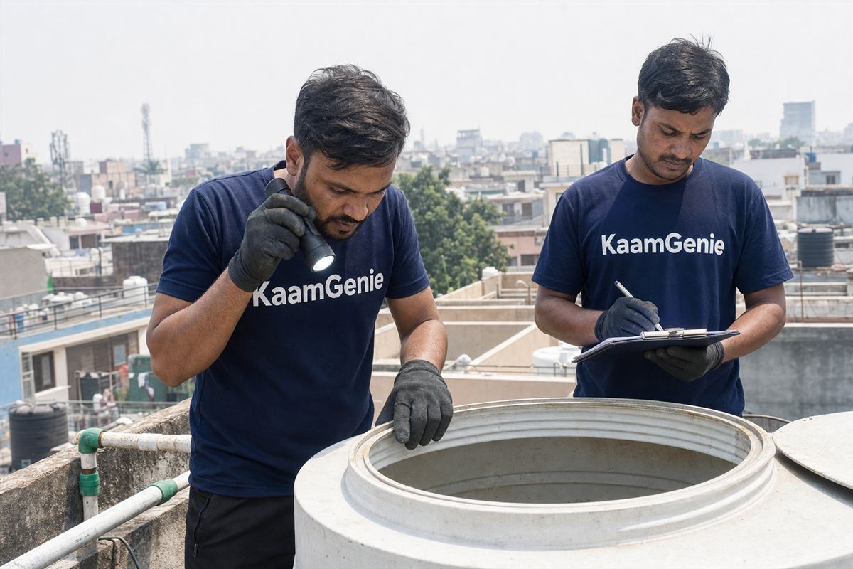 KaamGenie crew cleaning a water tank in Mamura, Noida