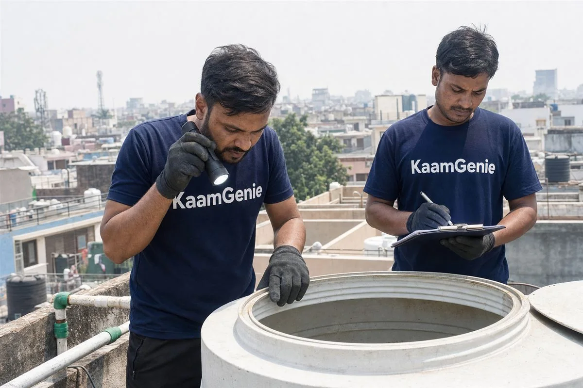KaamGenie crew cleaning a water tank in Mamura, Noida