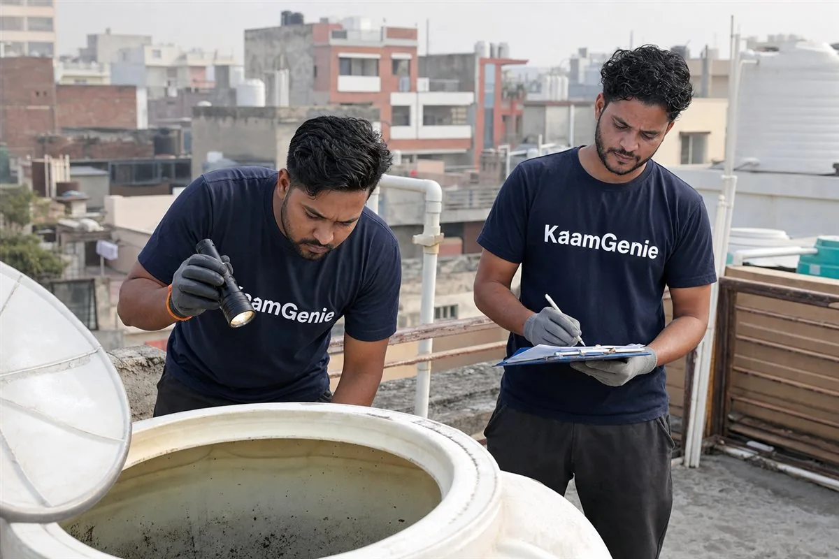 KaamGenie crew cleaning a water tank in Nithari, Noida