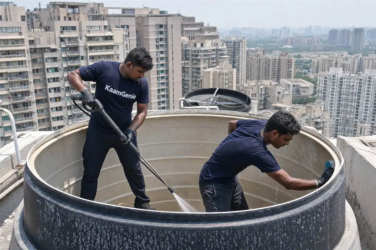 KaamGenie crew cleaning a water tank in Panchsheel Greens, Noida