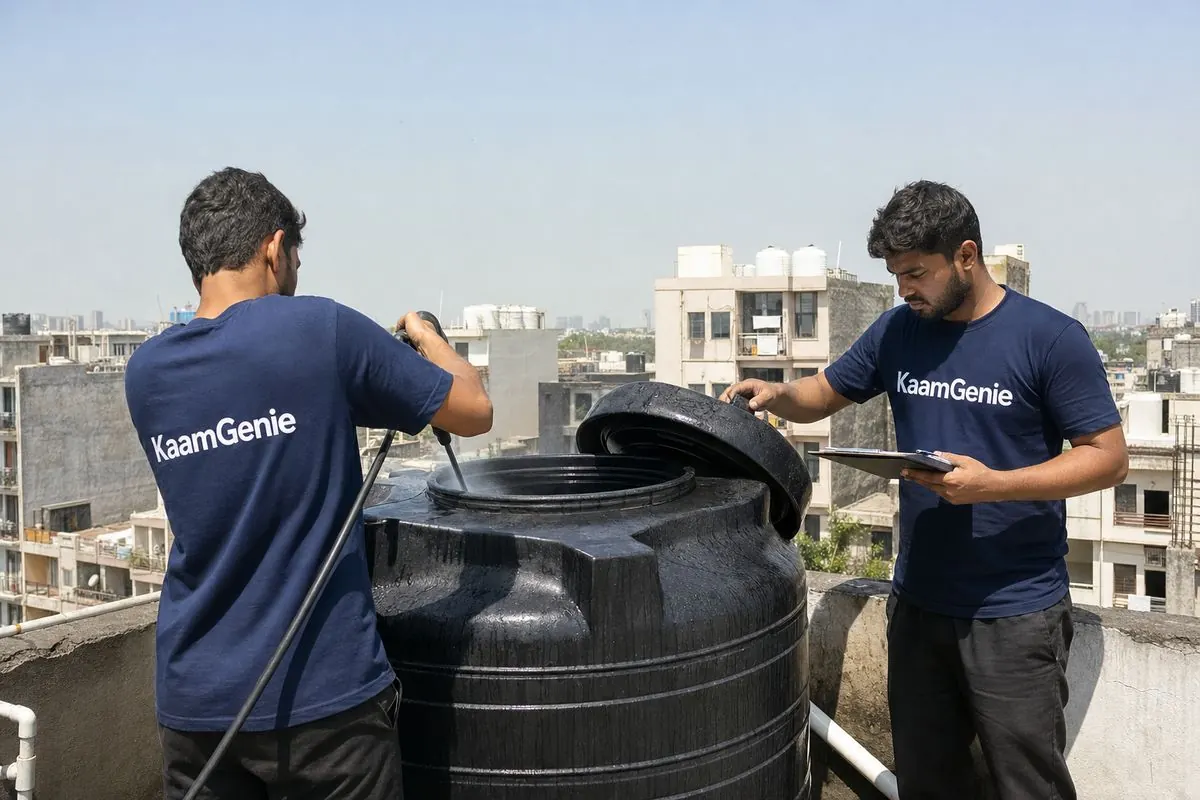 KaamGenie crew cleaning a water tank on a Gurgaon rooftop