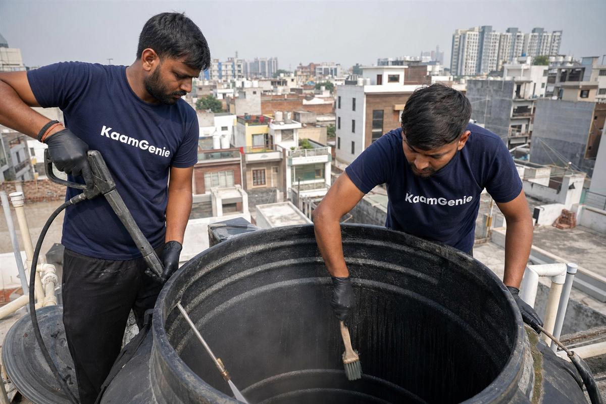 KaamGenie crew cleaning a water tank in Salarpur, Noida