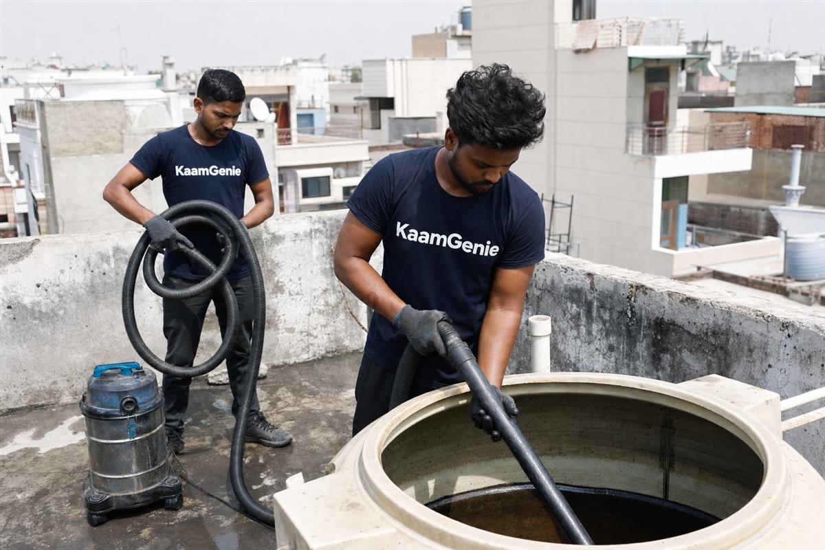 KaamGenie crew cleaning a water tank in Sarfabad, Noida