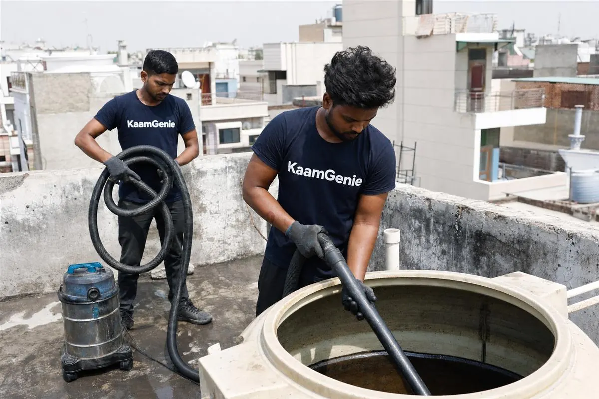 KaamGenie crew cleaning a water tank in Sarfabad, Noida