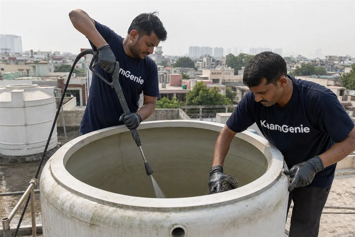 KaamGenie crew cleaning a water tank in Sector 1, Noida