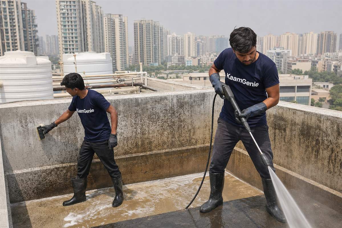 KaamGenie crew cleaning a water tank in Sector 100, Noida