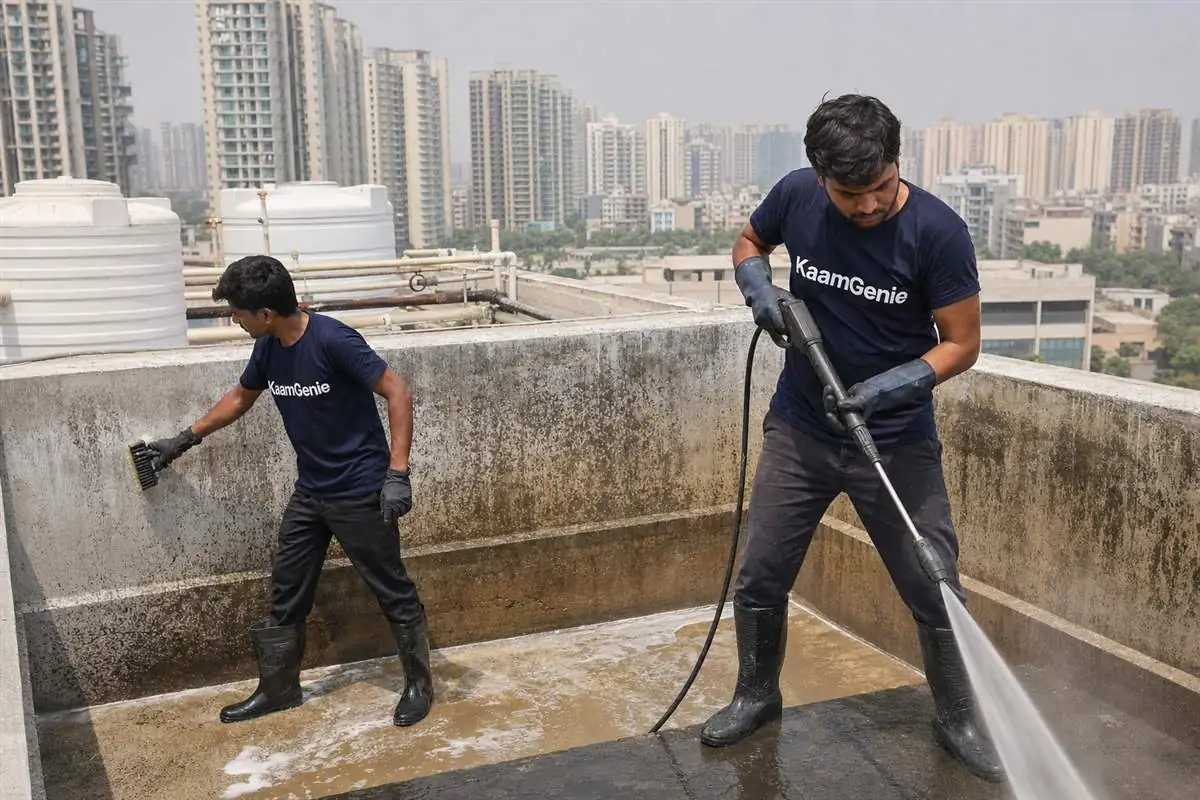 KaamGenie crew cleaning a water tank in Sector 100, Noida