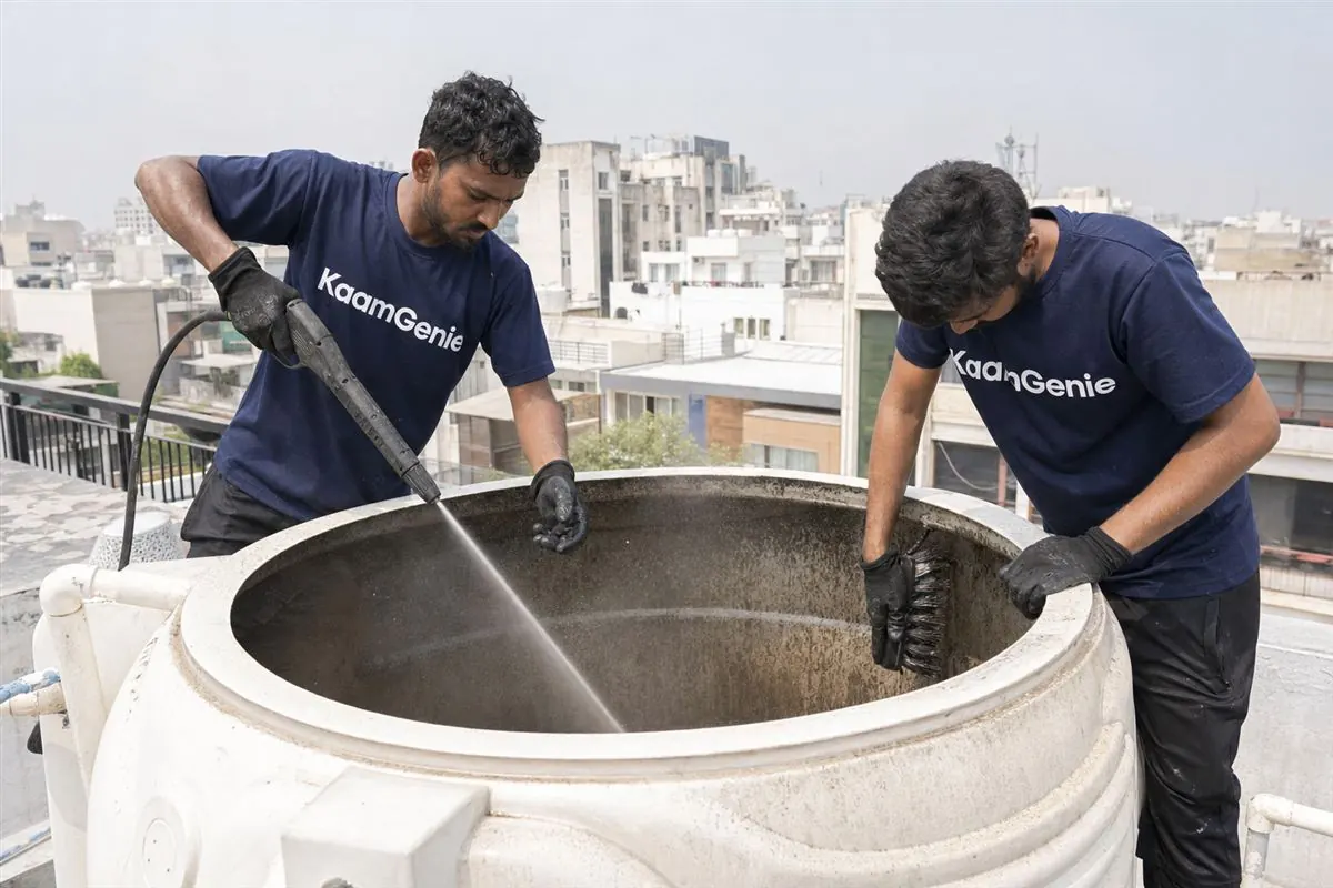 KaamGenie crew cleaning a water tank in Sector 101, Noida