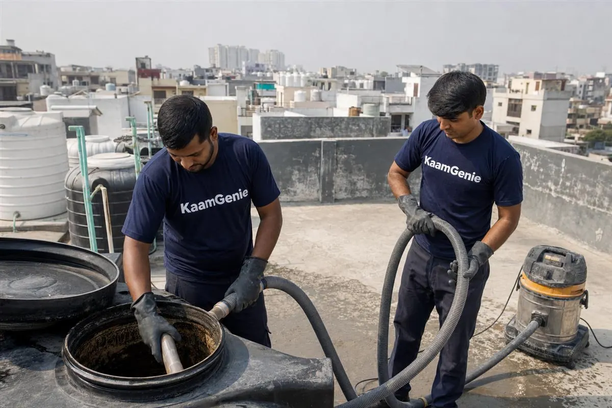KaamGenie crew cleaning a water tank in Sector 103, Noida