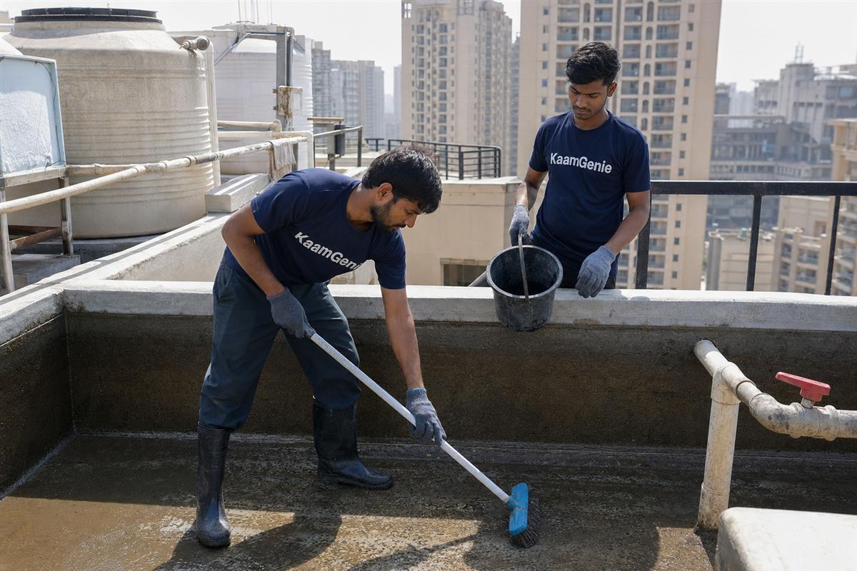 KaamGenie crew cleaning a water tank in Sector 104, Noida