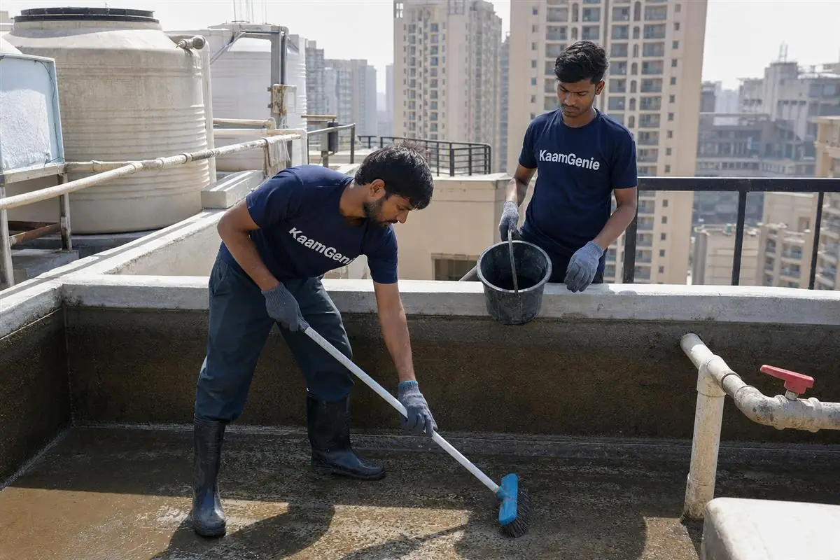 KaamGenie crew cleaning a water tank in Sector 104, Noida