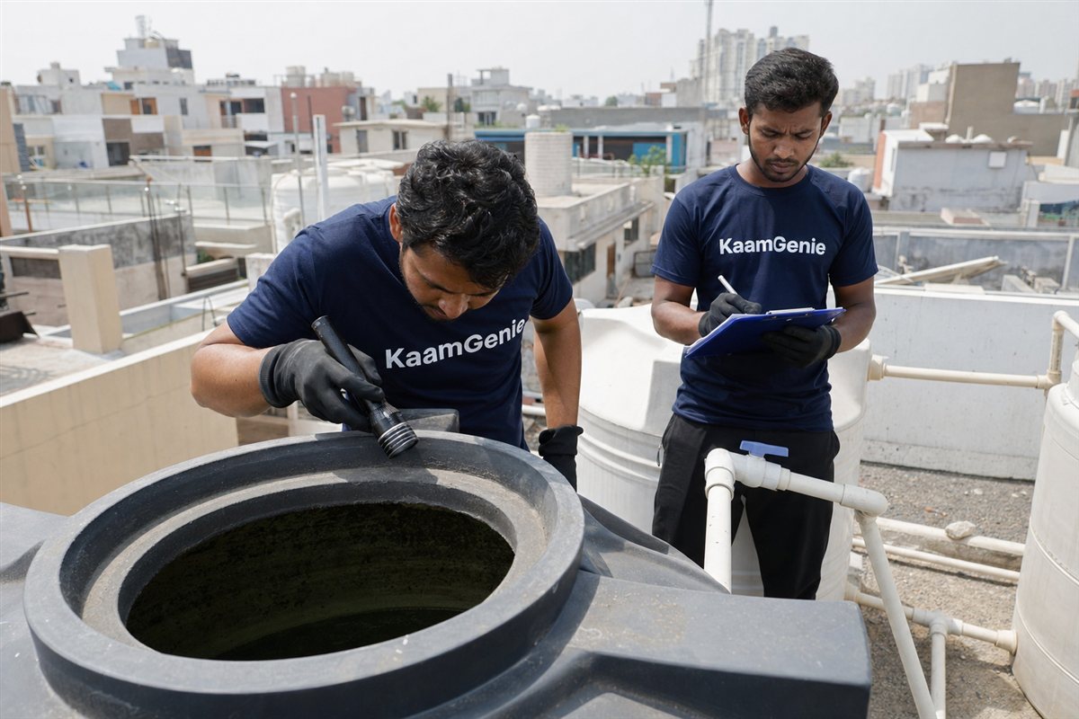 KaamGenie crew cleaning a water tank in Sector 106, Noida