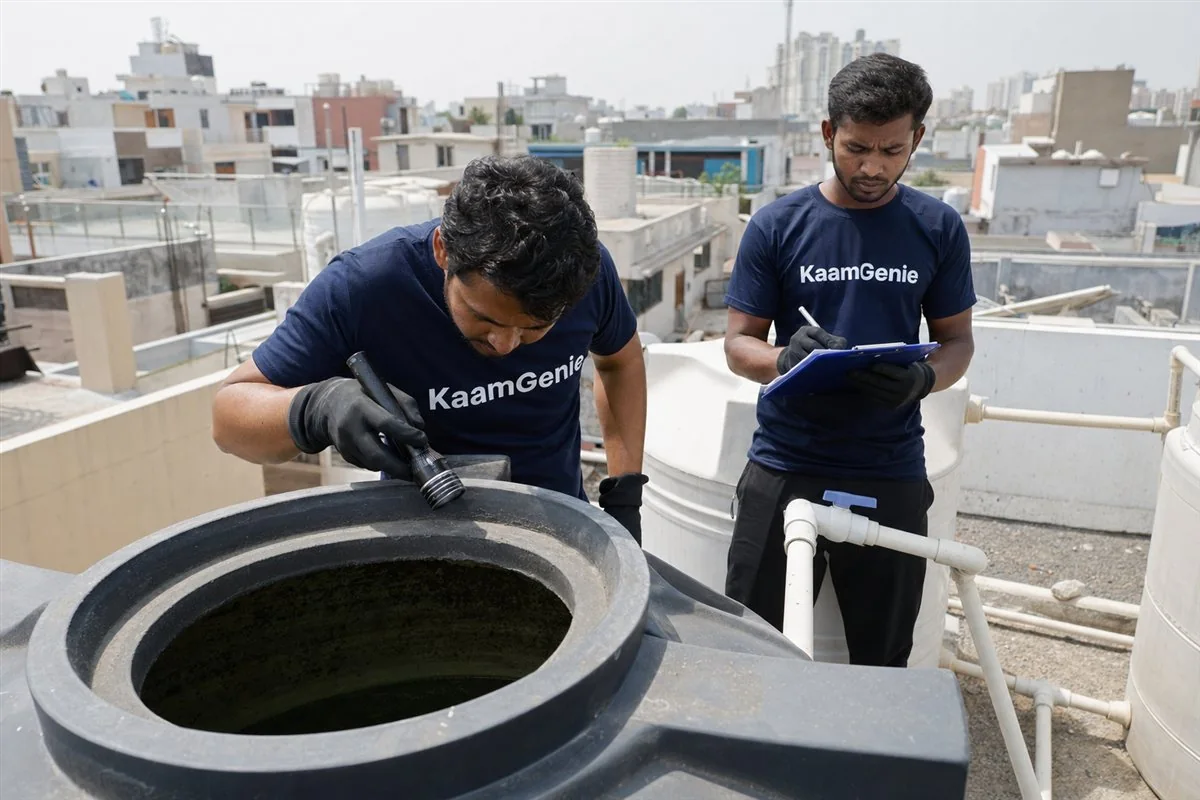 KaamGenie crew cleaning a water tank in Sector 106, Noida