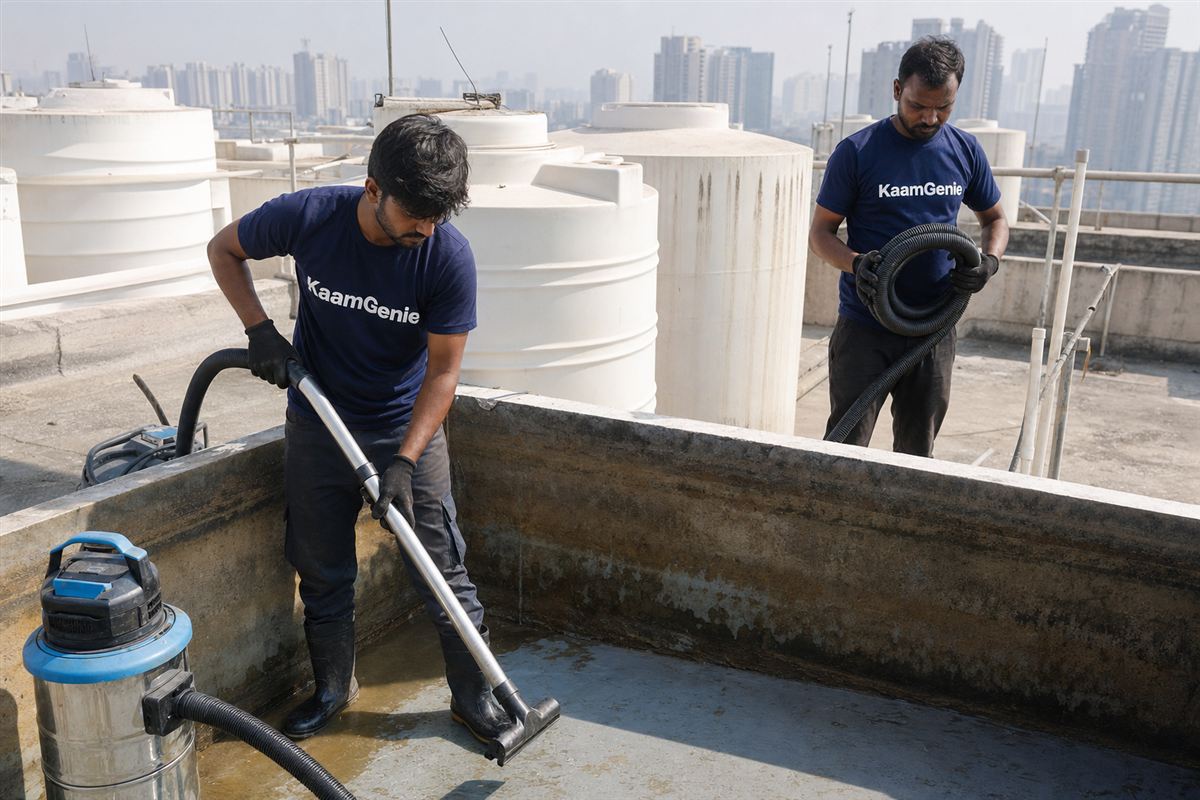 KaamGenie crew cleaning a water tank in Sector 107, Noida