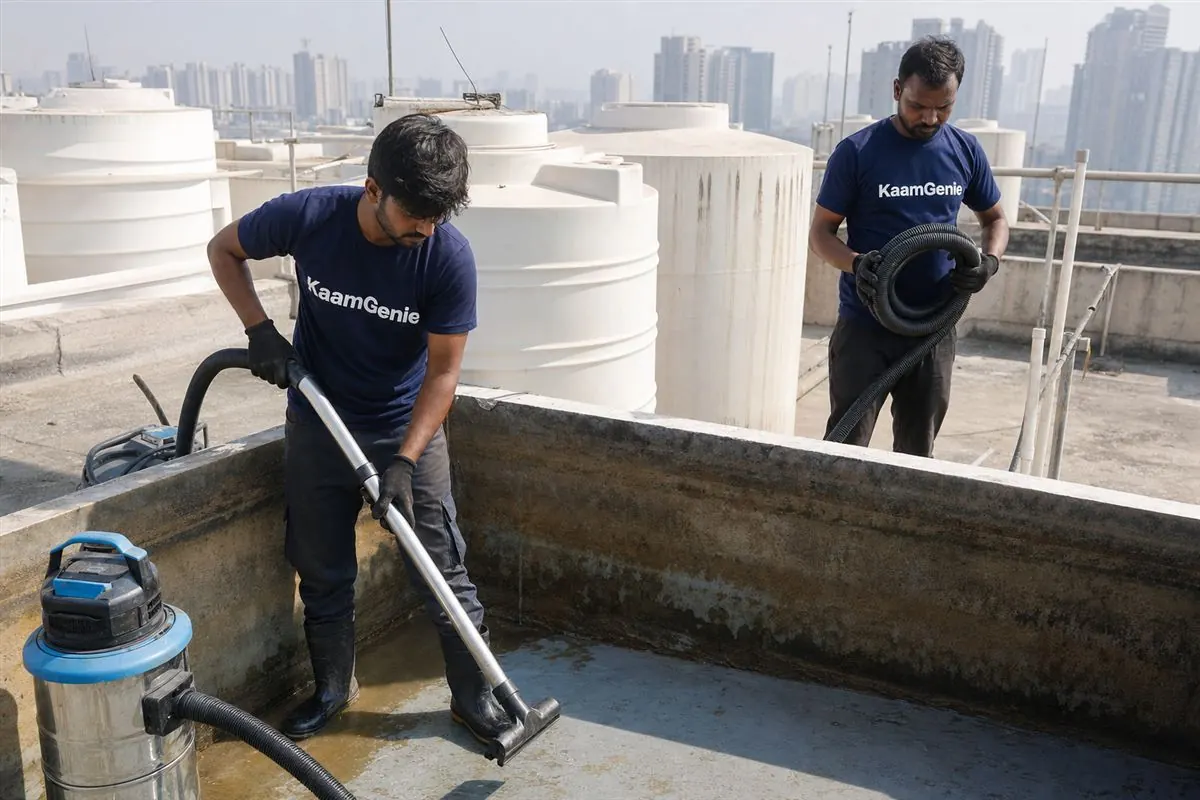 KaamGenie crew cleaning a water tank in Sector 107, Noida
