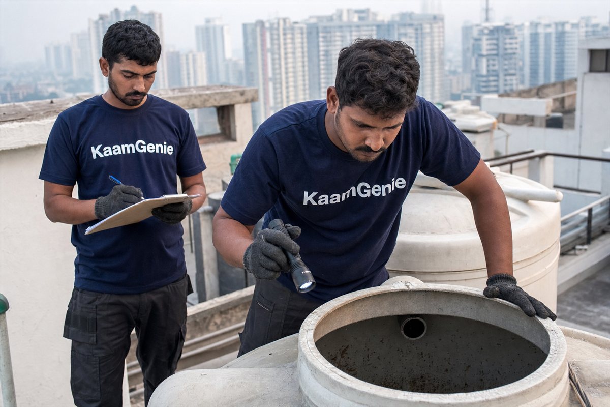 KaamGenie crew cleaning a water tank in Sector 108, Noida