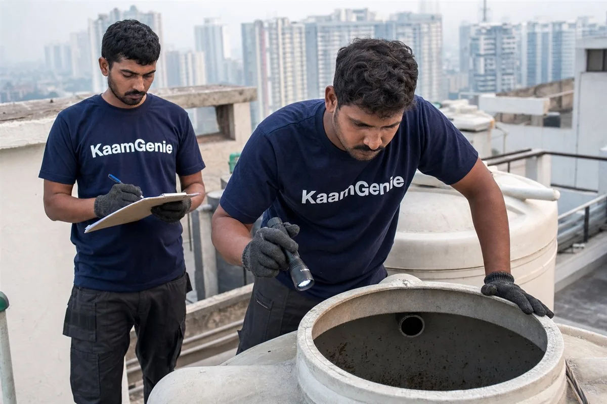 KaamGenie crew cleaning a water tank in Sector 108, Noida