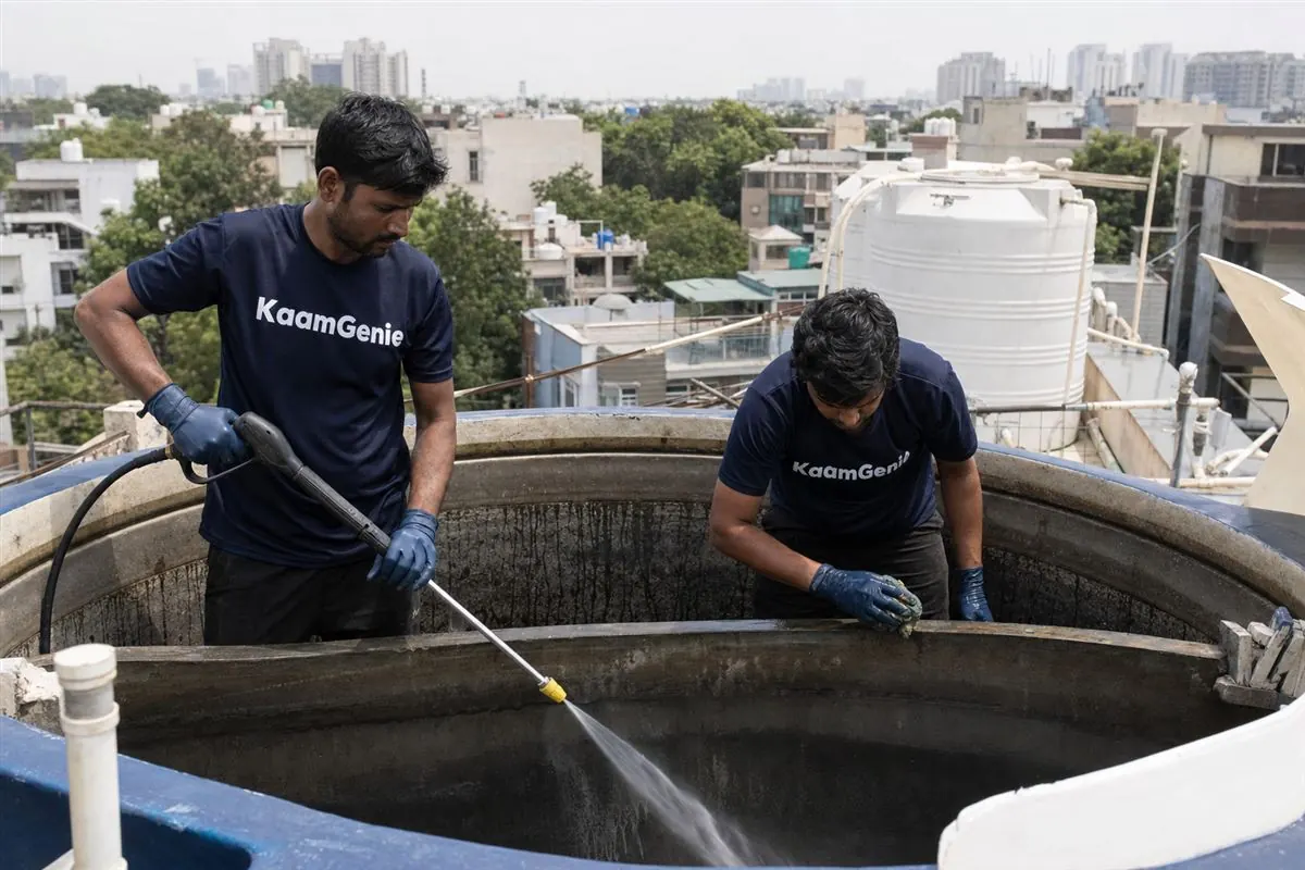 KaamGenie crew cleaning a water tank in Sector 109, Noida