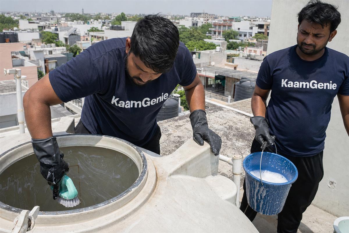 KaamGenie crew cleaning a water tank in Sector 11, Noida