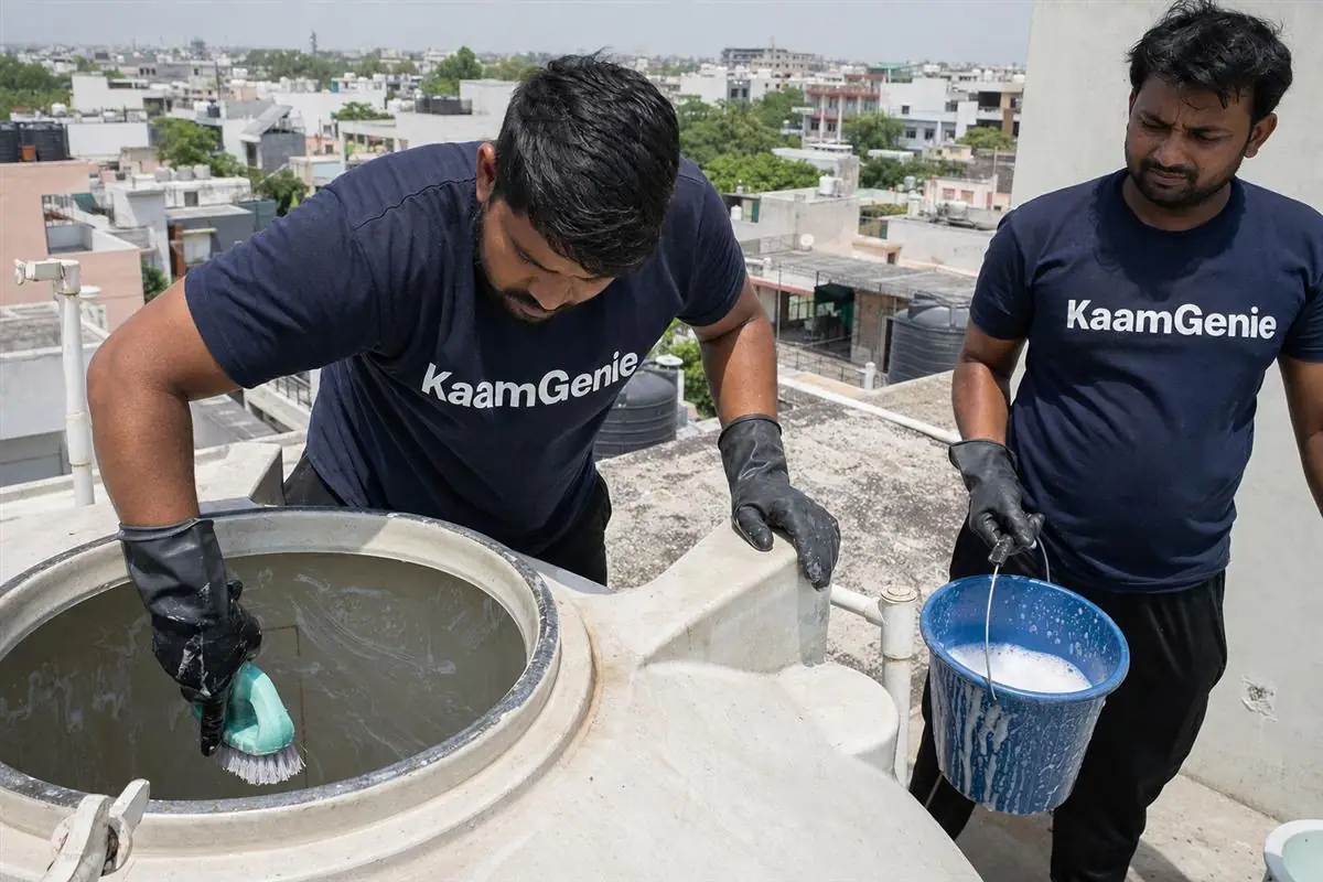 KaamGenie crew cleaning a water tank in Sector 11, Noida