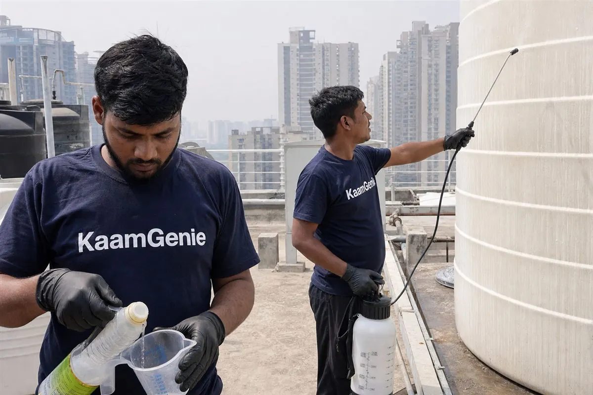 KaamGenie crew cleaning a water tank in Sector 110, Noida