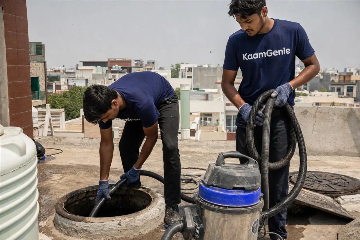 KaamGenie crew cleaning a water tank in Sector 112, Noida