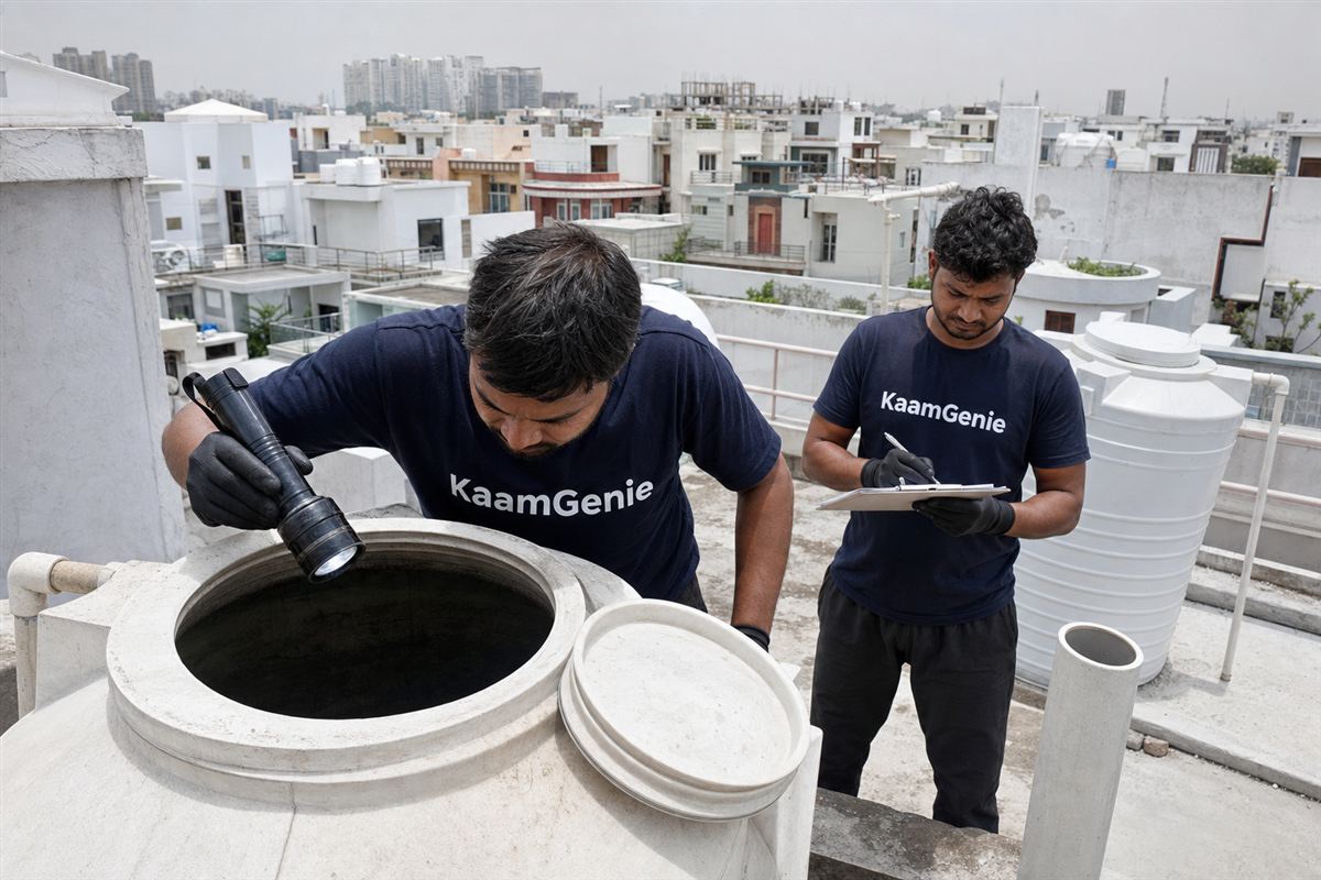KaamGenie crew cleaning a water tank in Sector 113, Noida