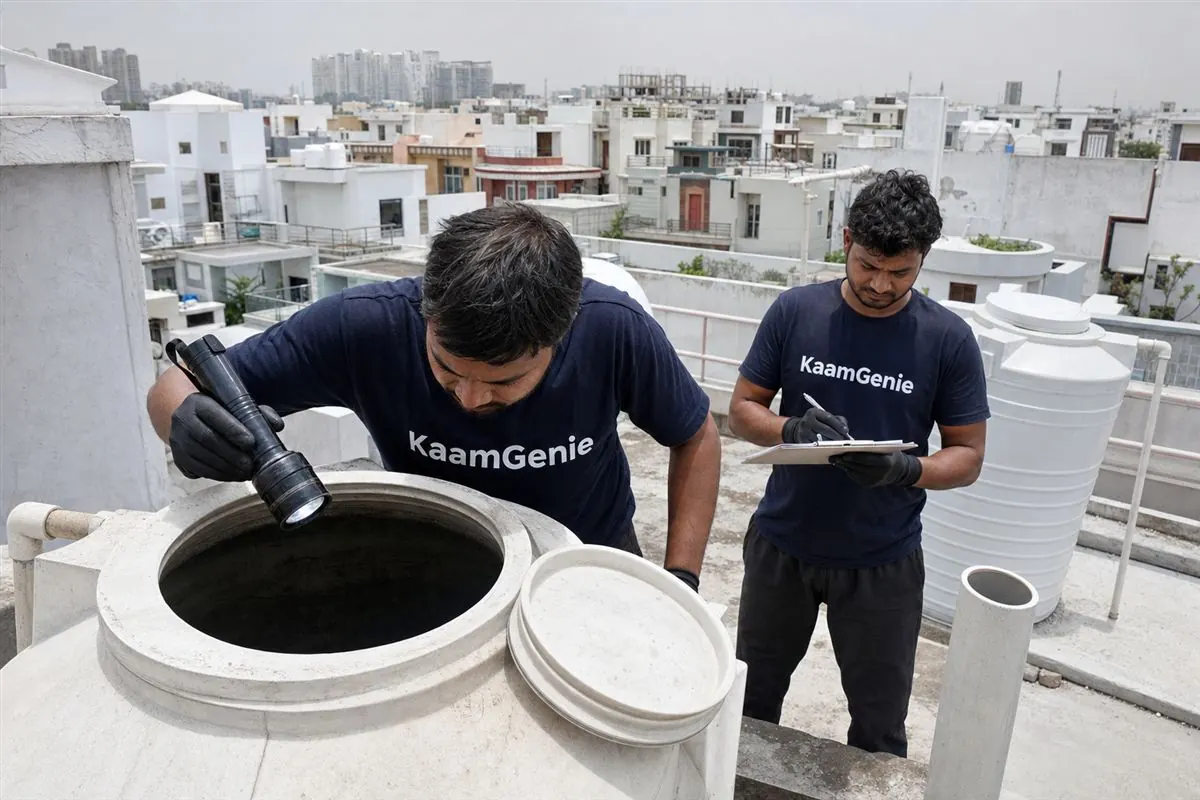 KaamGenie crew cleaning a water tank in Sector 113, Noida