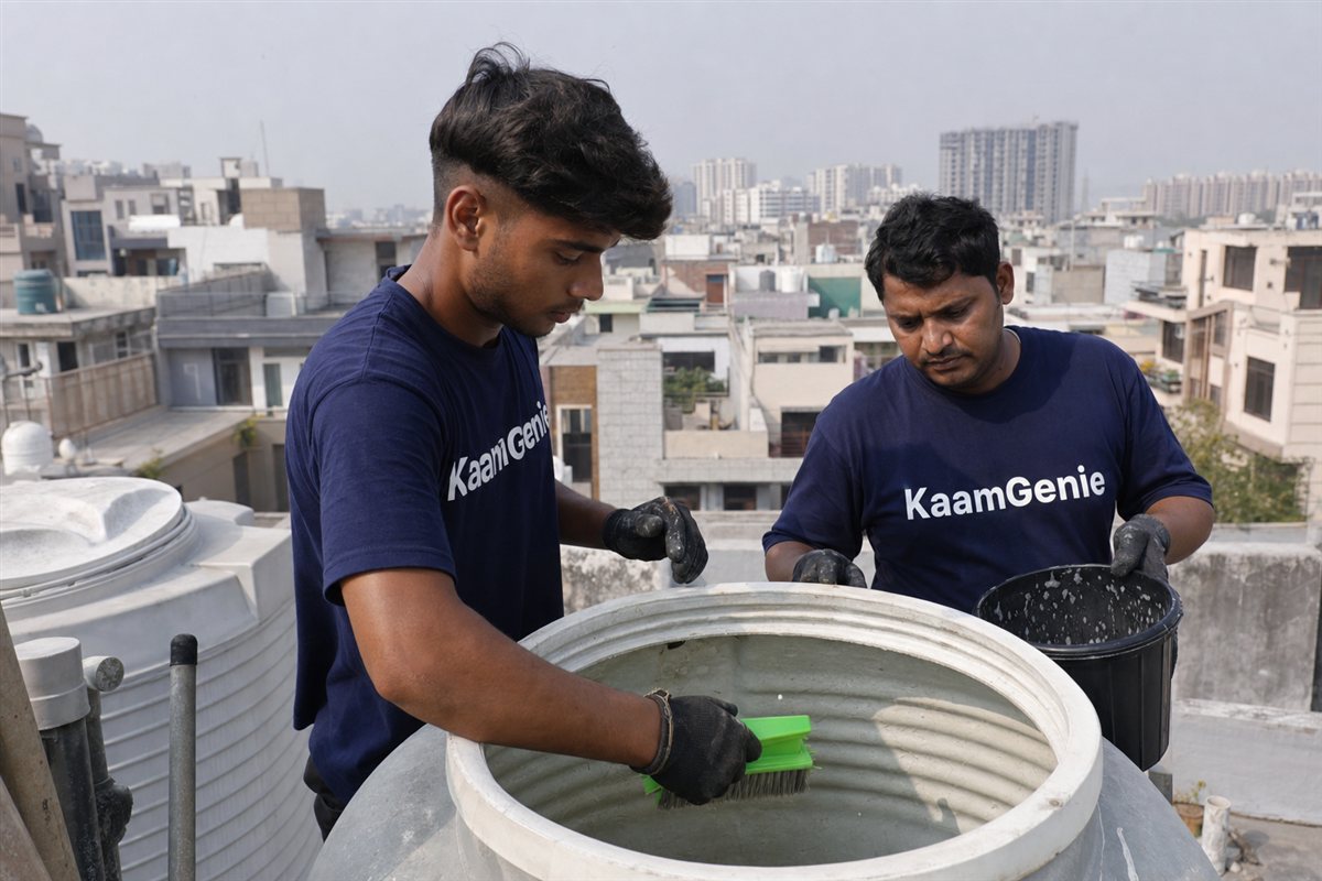KaamGenie crew cleaning a water tank in Sector 118, Noida