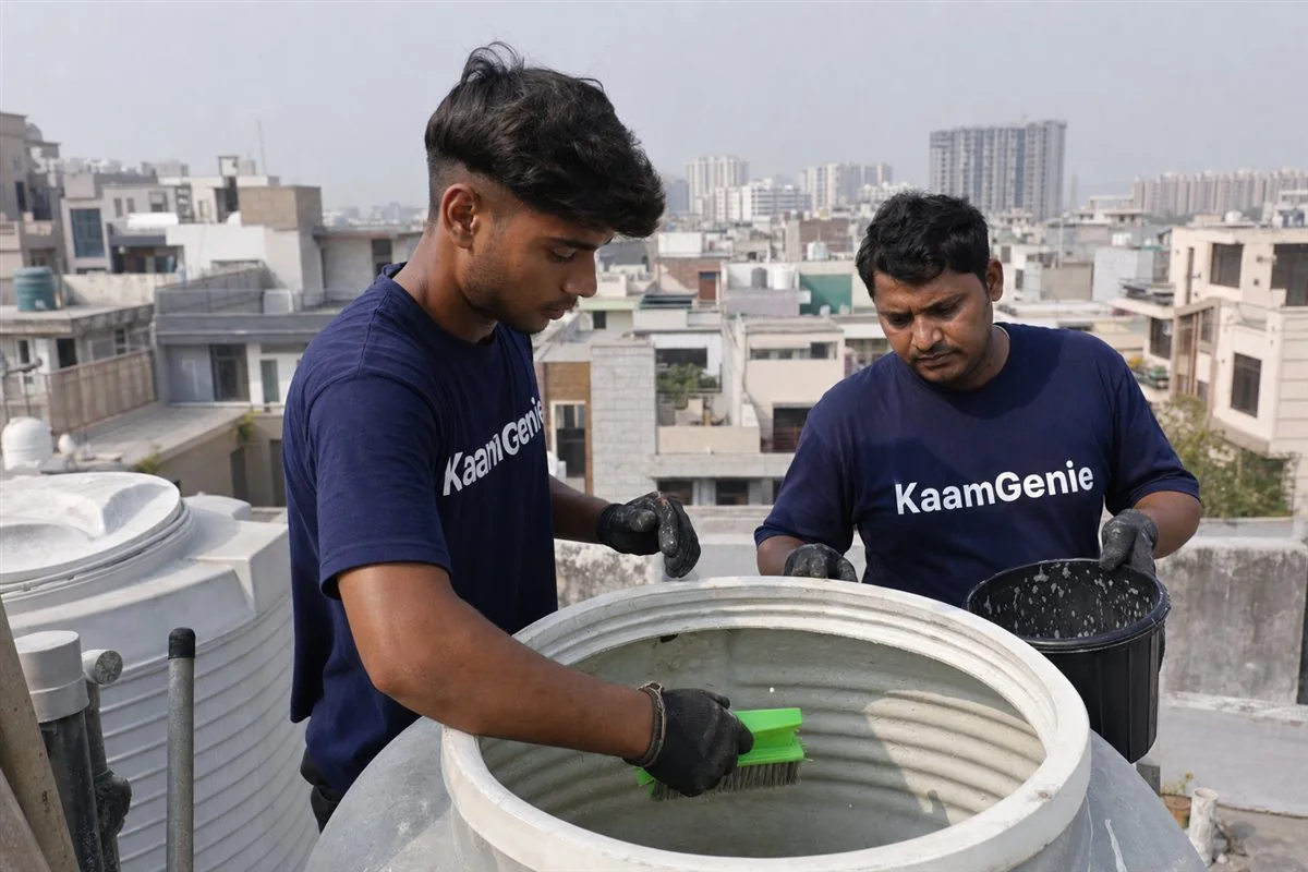 KaamGenie crew cleaning a water tank in Sector 118, Noida