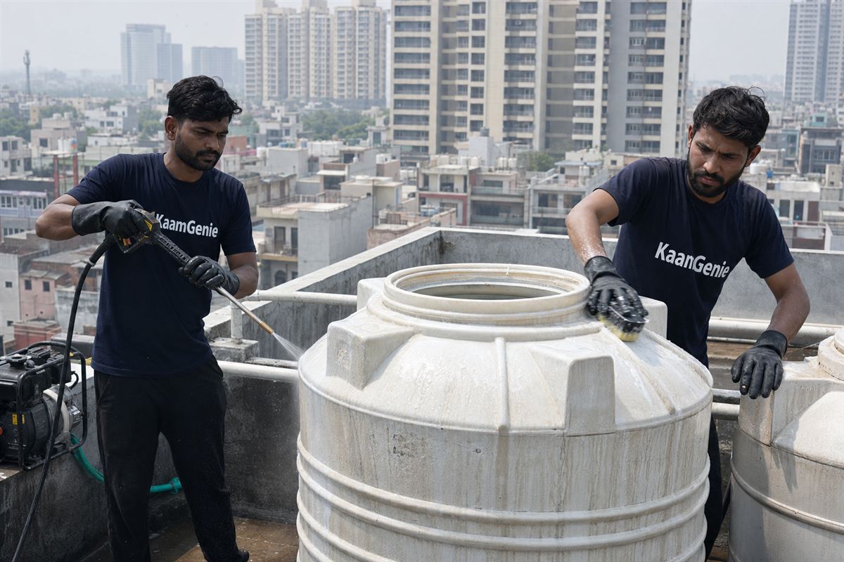 KaamGenie crew cleaning a water tank in Sector 119, Noida