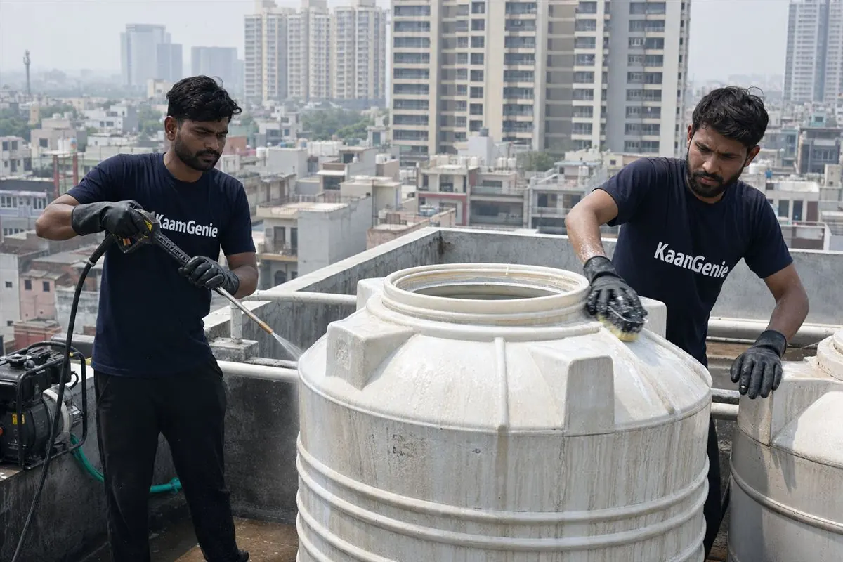 KaamGenie crew cleaning a water tank in Sector 119, Noida