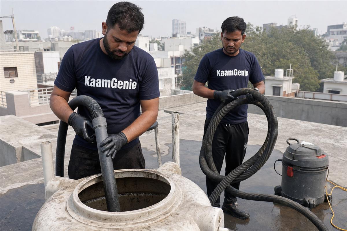 KaamGenie crew cleaning a water tank in Sector 12, Noida
