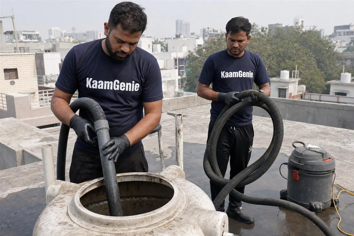 KaamGenie crew cleaning a water tank in Sector 12, Noida